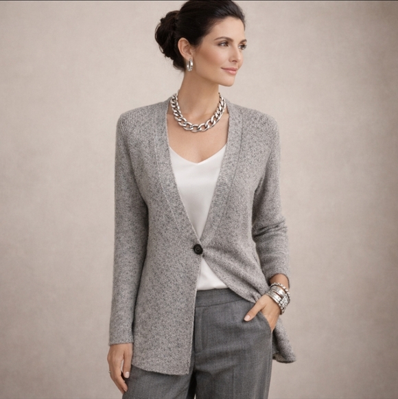 Nic+Zoe Gray Long Cardigan Lightweight Knit Single Button Quiet Luxury Sz S - Picture 8 of 11